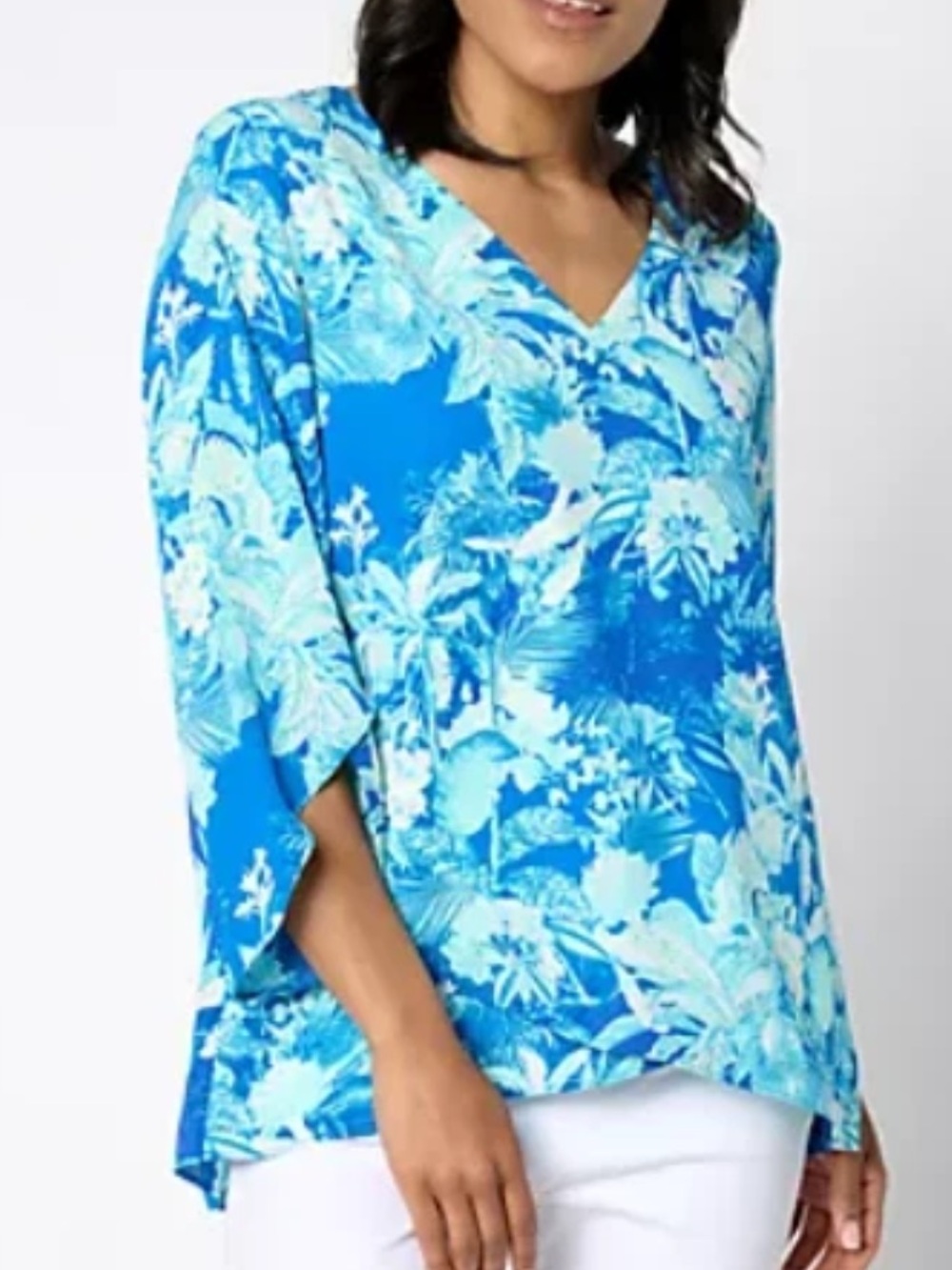 Beautiful By Lawrence Zarian Women 2X Aqua Blue Paradise Printed V-Neck Blouse